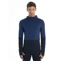 Icebreaker 200 Sonebula Half Zip Shirt Met Lange Mouwen En Capuchon Heren - Midnight Navy/Royal Navy/Snow