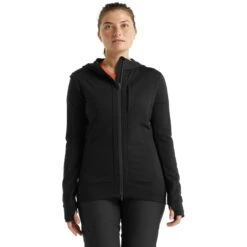 Icebreaker Quantum III Mid Layer Jas Met Capuchon Dames - Zwart